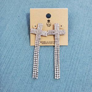Silver Cross Dangle Rhinestone Post Earrings w/ Backs Lead & Nickle Free NEW